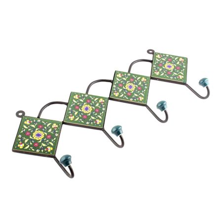 Forest Green Ceramic Floral Tiles Hooks